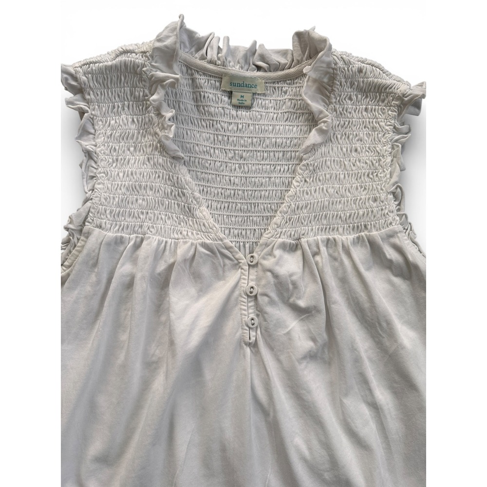 Sundance Women White Smocked Ruffle V-Neck Henley Sleeveless Cotton Top Size M - Picture 3 of 5